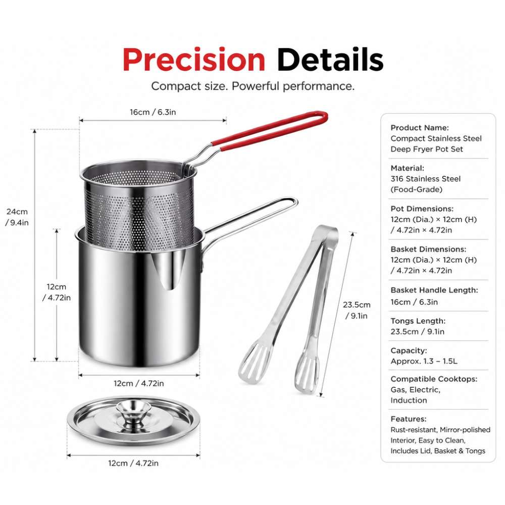 Compact Stainless Steel Deep Fryer Pot Set with Basket & Tongs PRO