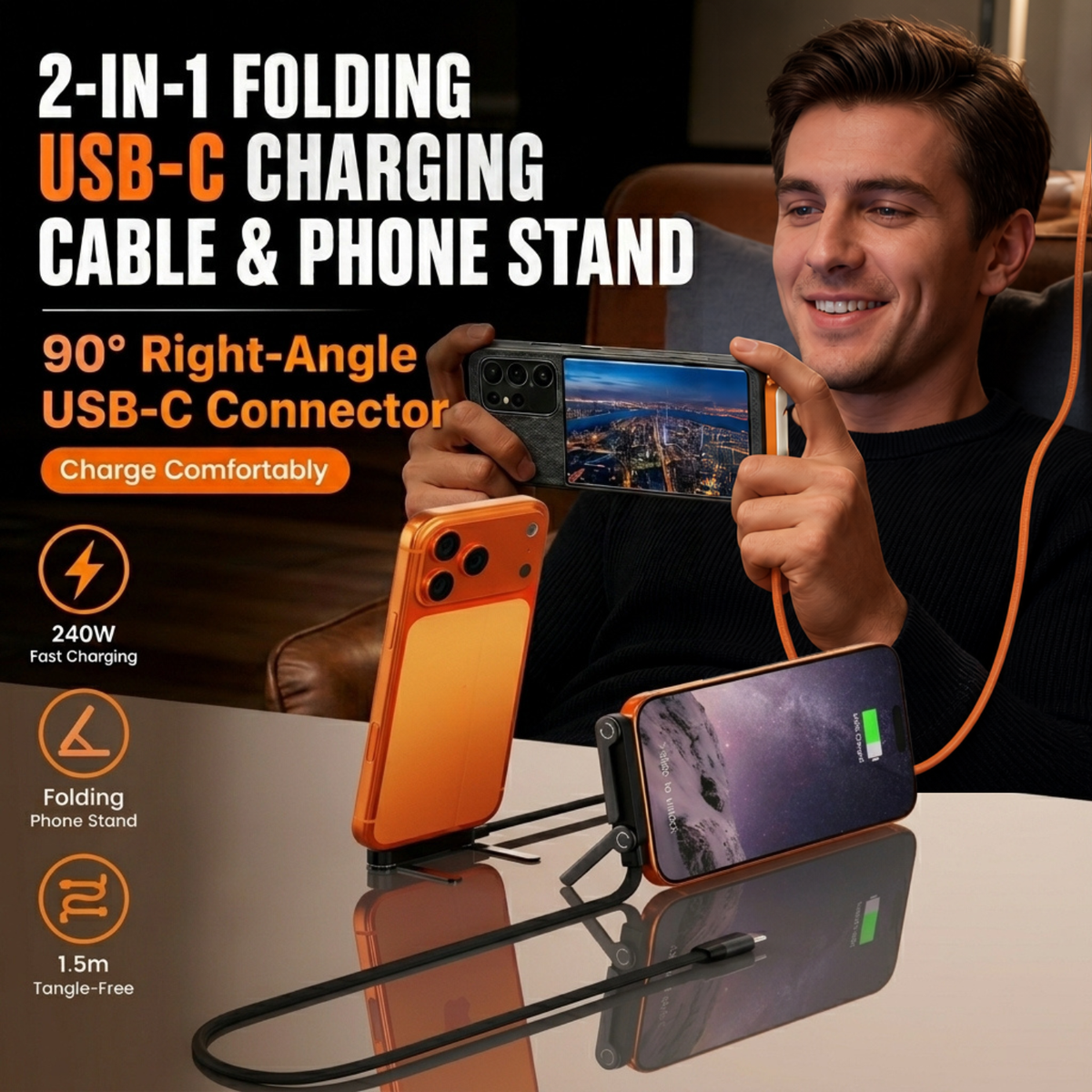 2-in-1 Folding USB-C Charging Cable & Phone Stand