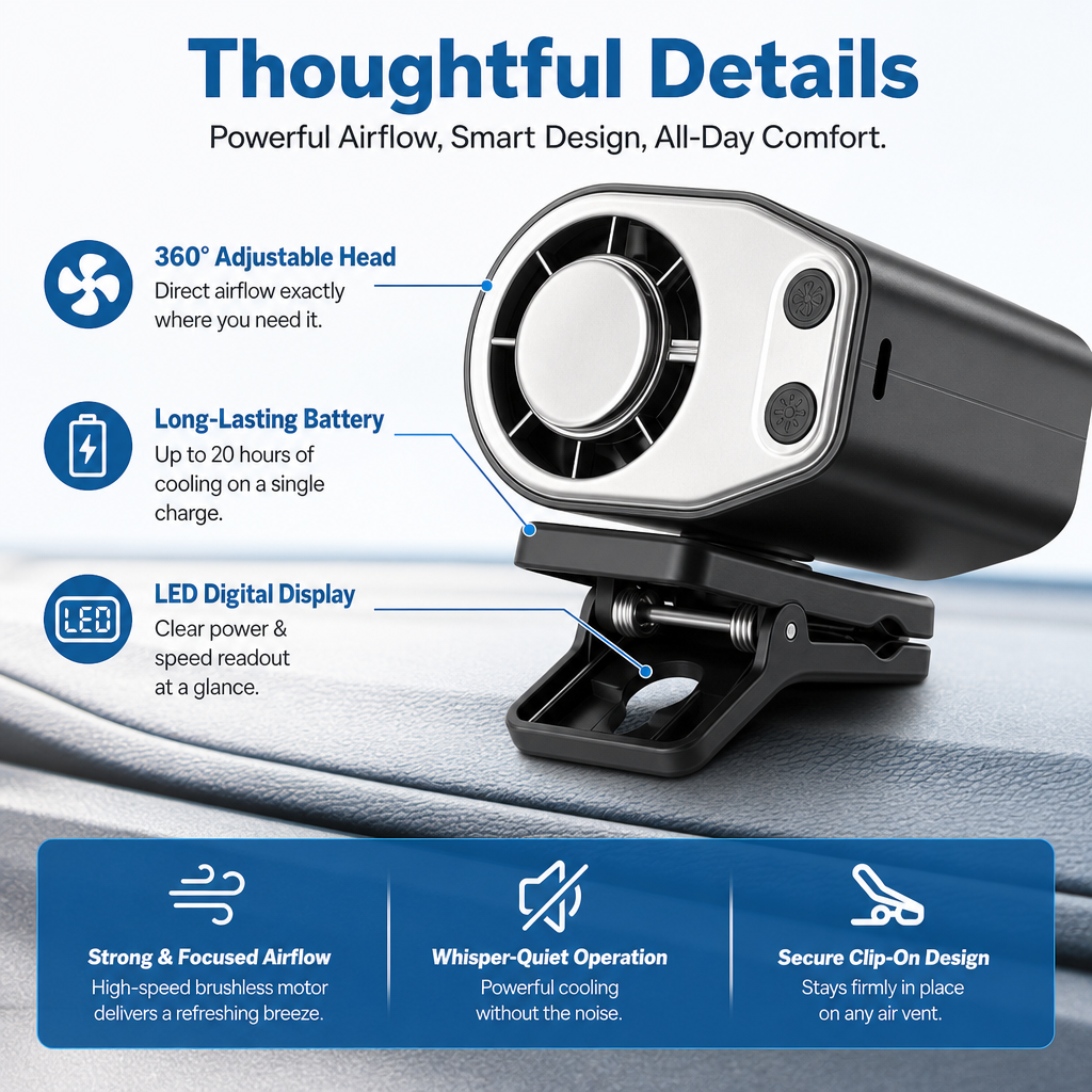 2026 Car Clip On Air Conditioner Fan with LED Display