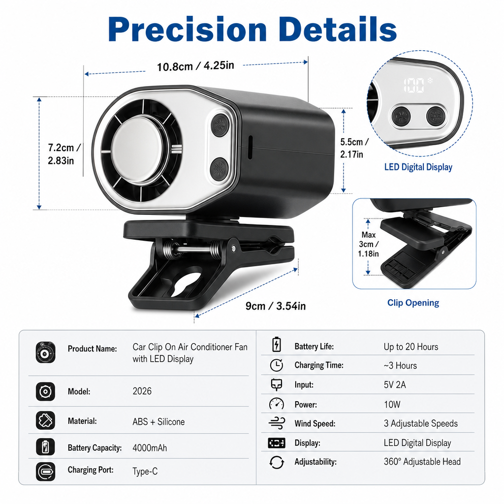 2026 Car Clip On Air Conditioner Fan with LED Display