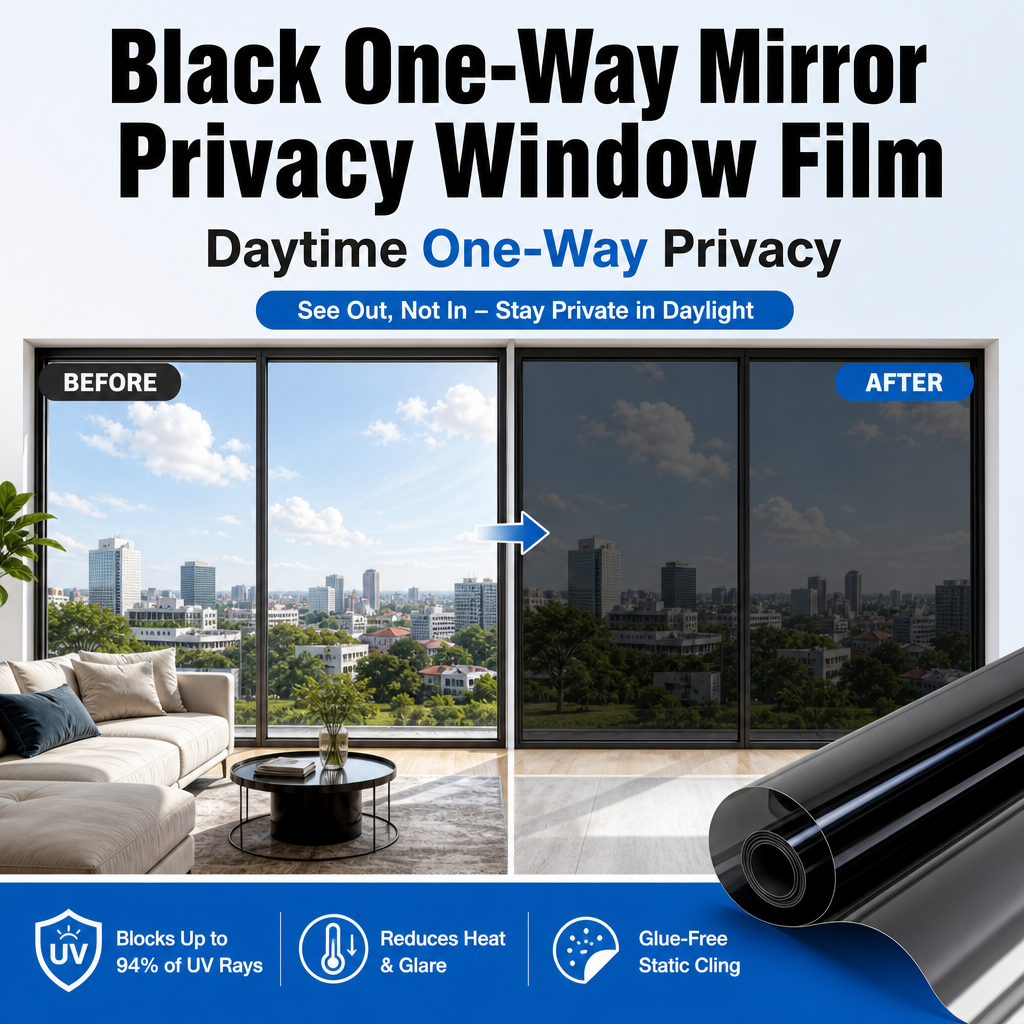 Black One-Way Mirror Privacy Window Film - Heat Insulation, 94% UV Blocking, Daytime Privacy for Home & Office