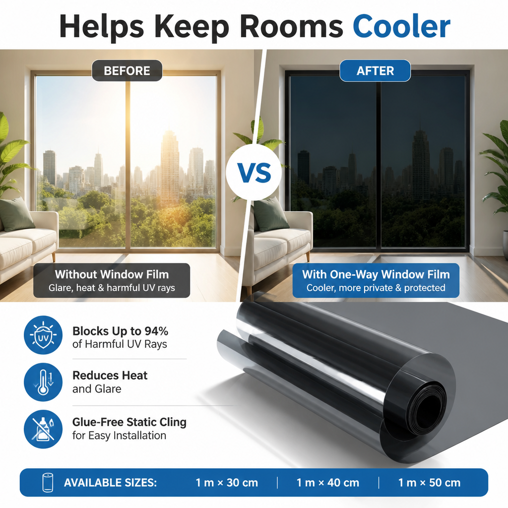 Black One-Way Mirror Privacy Window Film - Heat Insulation, 94% UV Blocking, Daytime Privacy for Home & Office
