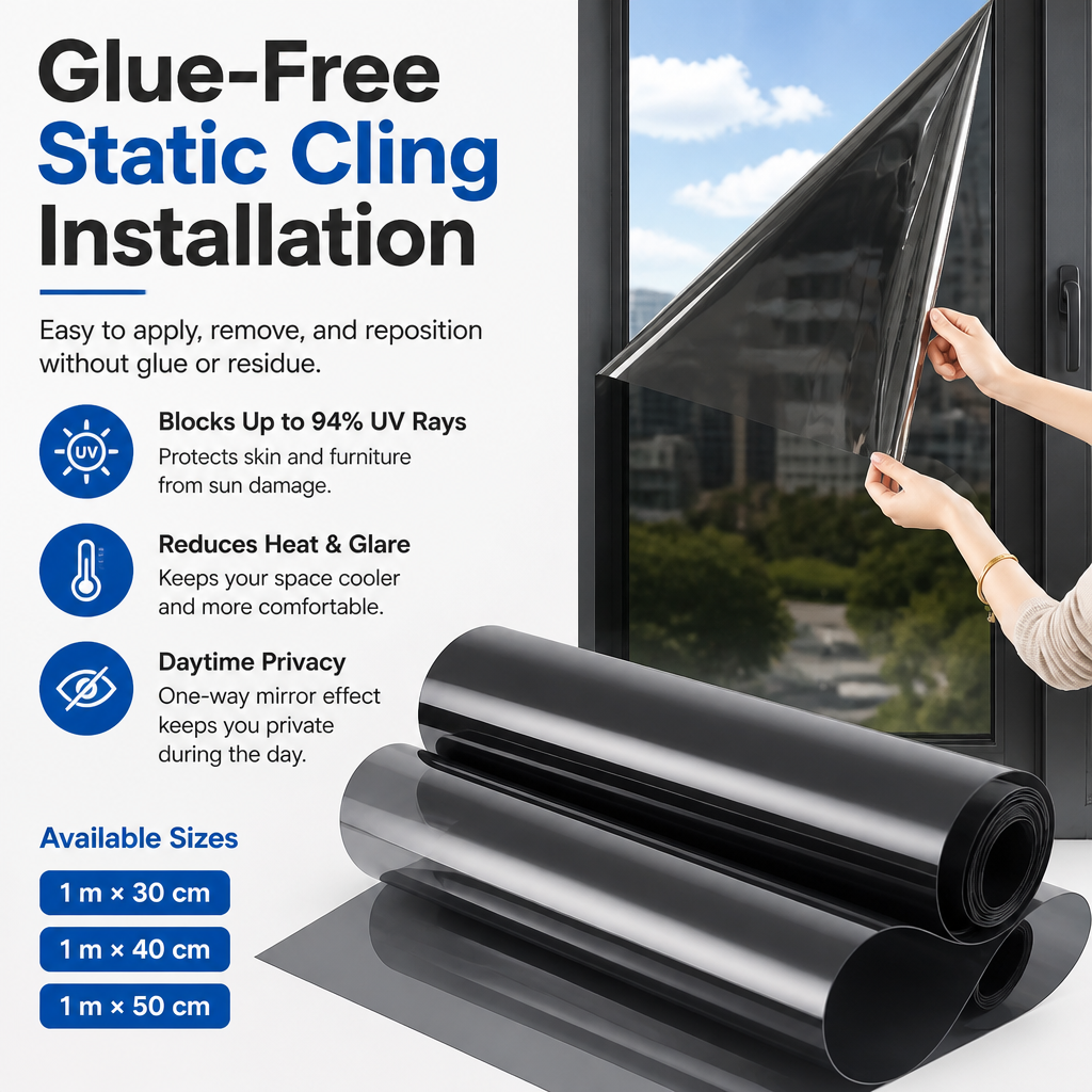 Black One-Way Mirror Privacy Window Film - Heat Insulation, 94% UV Blocking, Daytime Privacy for Home & Office