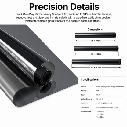 Black One-Way Mirror Privacy Window Film - Heat Insulation, 94% UV Blocking, Daytime Privacy for Home & Office