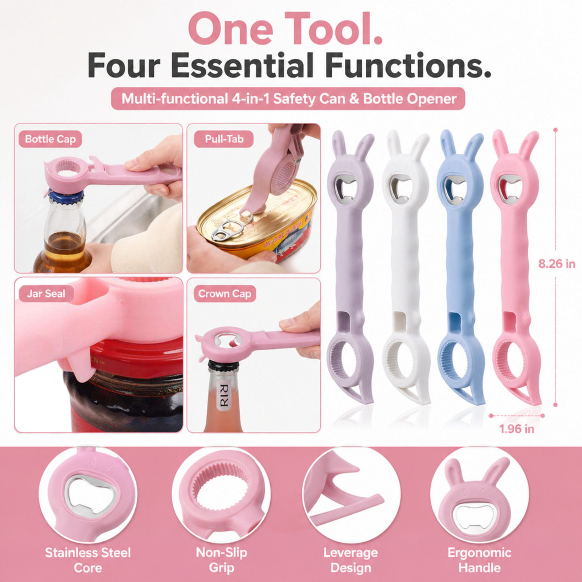 Multi-functional 4-in-1 Safety Can & Bottle Opener