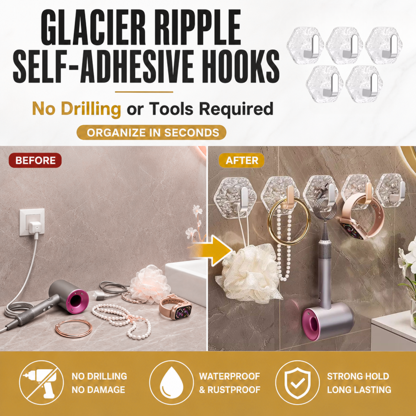 Glacier Ripple Self-Adhesive Hooks