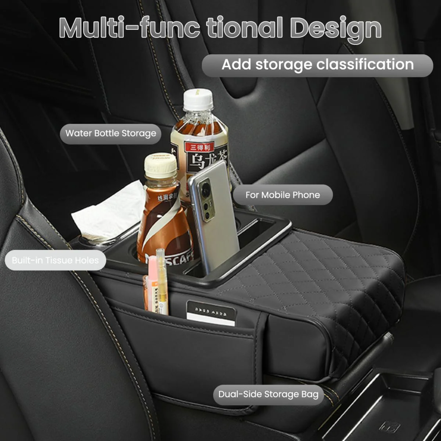 Multi-Functional Leather Car Armrest Organizer
