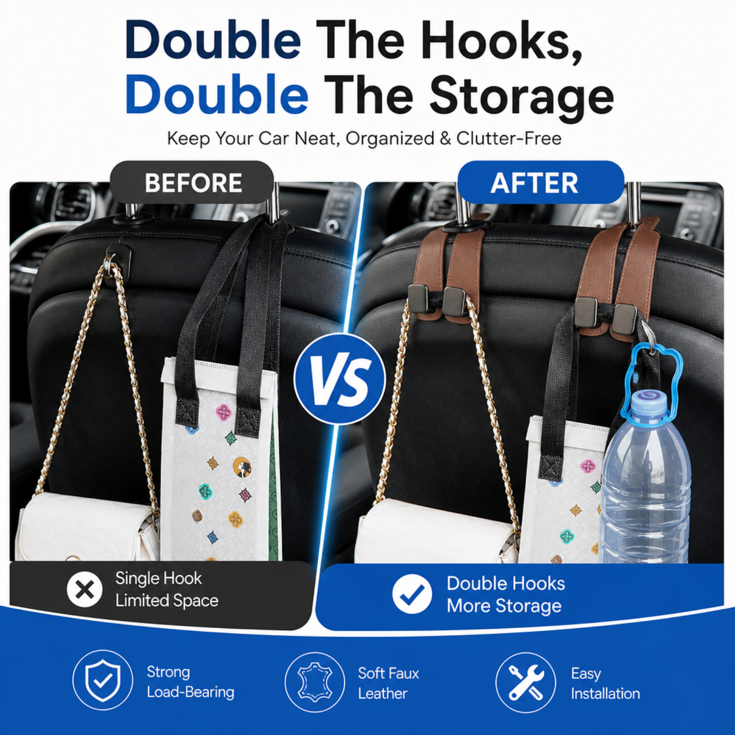 Upgraded Car Seat Back Double Hooks with Soft Faux Leather