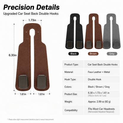 Upgraded Car Seat Back Double Hooks with Soft Faux Leather