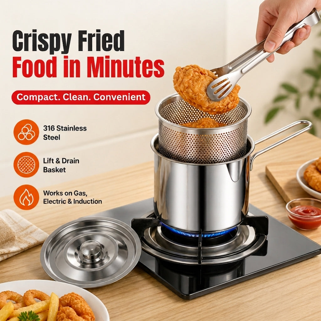 Compact Stainless Steel Deep Fryer Pot Set with Basket & Tongs PRO