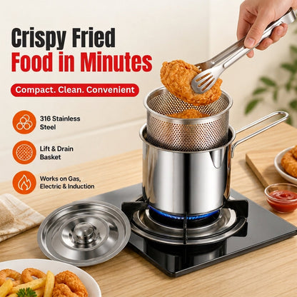 Compact Stainless Steel Deep Fryer Pot Set with Basket & Tongs PRO