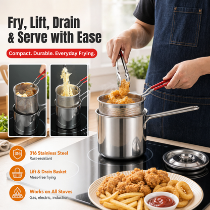 Compact Stainless Steel Deep Fryer Pot Set with Basket & Tongs PRO