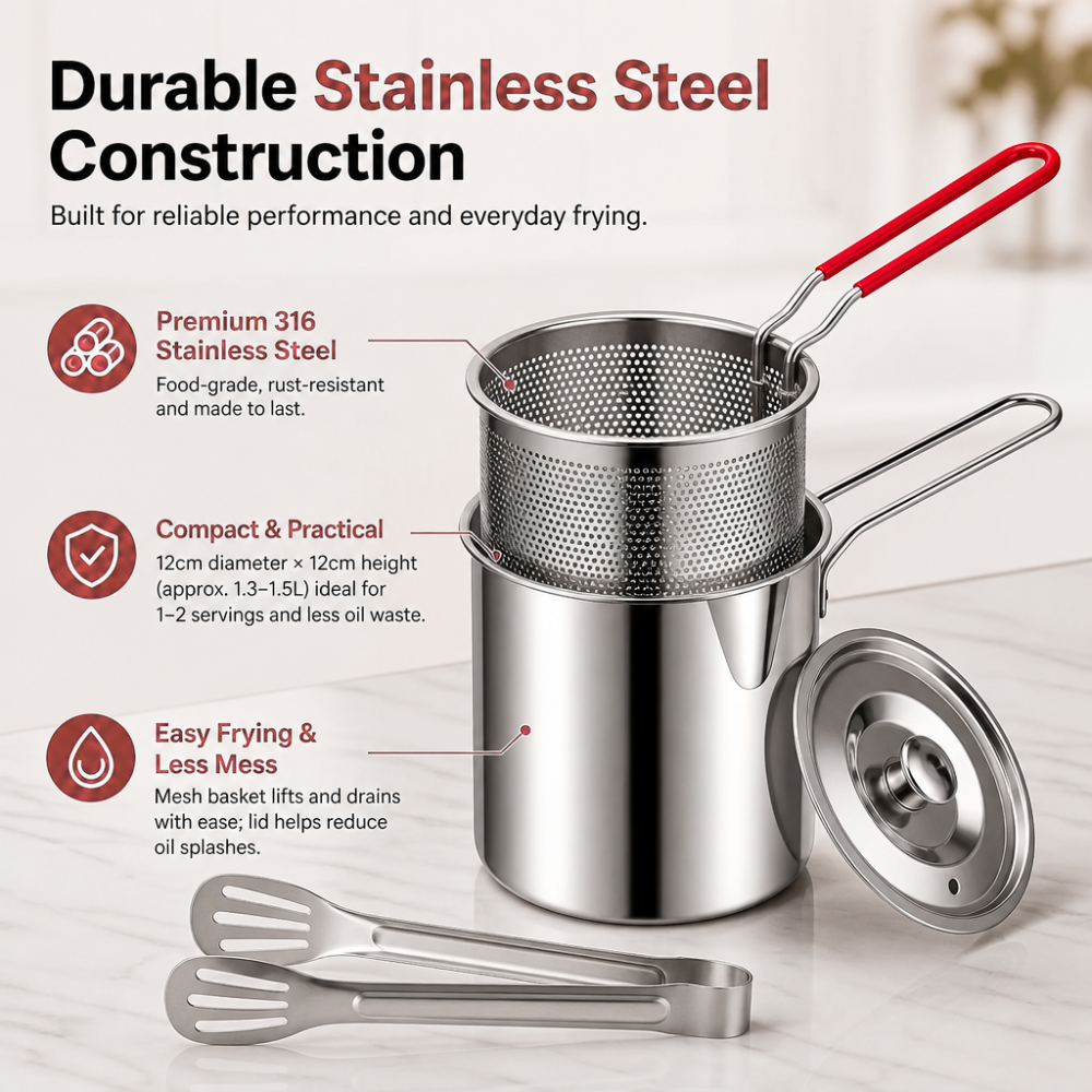 Compact Stainless Steel Deep Fryer Pot Set with Basket & Tongs PRO