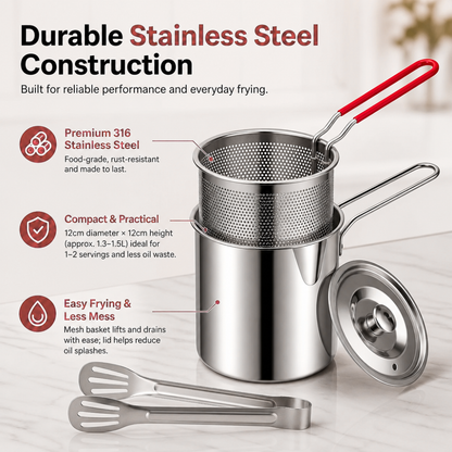 Compact Stainless Steel Deep Fryer Pot Set with Basket & Tongs PRO