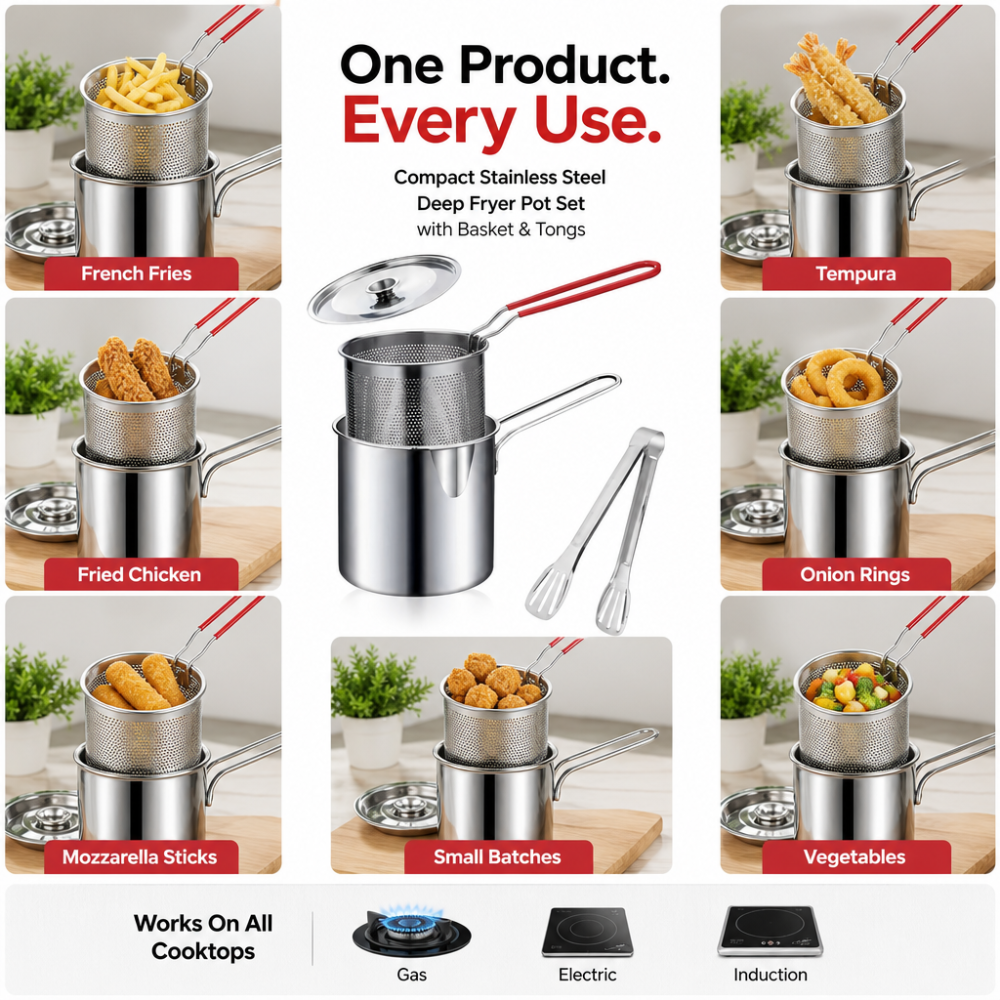 Compact Stainless Steel Deep Fryer Pot Set with Basket & Tongs PRO