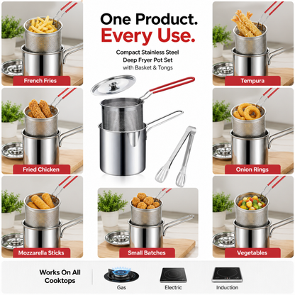 Compact Stainless Steel Deep Fryer Pot Set with Basket & Tongs PRO