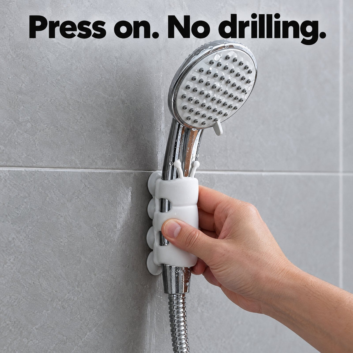 Pressing the suction holder onto smooth tile, no drilling