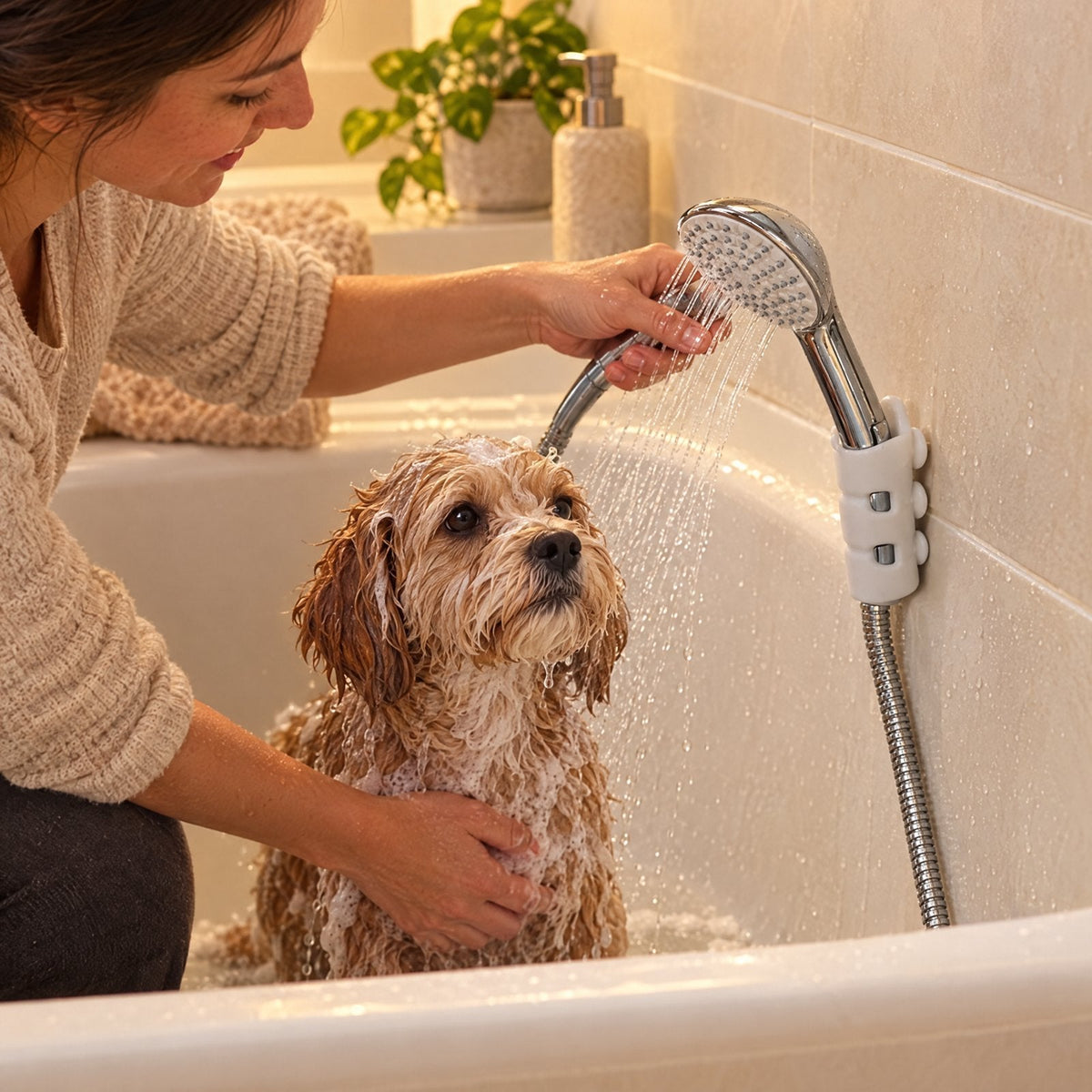 Dog being rinsed in a bathtub with the shower head held low